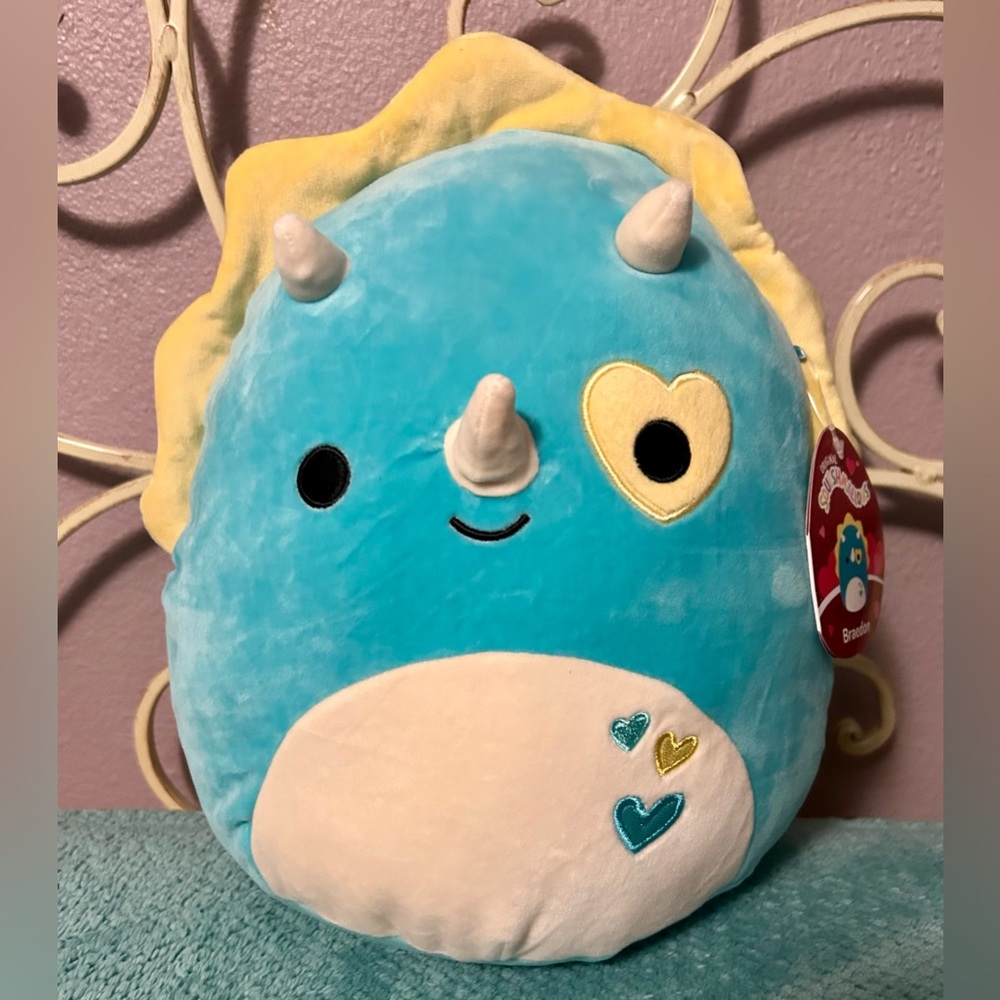 NWT Squishmallows 11” Braedon the Teal Triceratops with Hearts Valentine’s 2024
